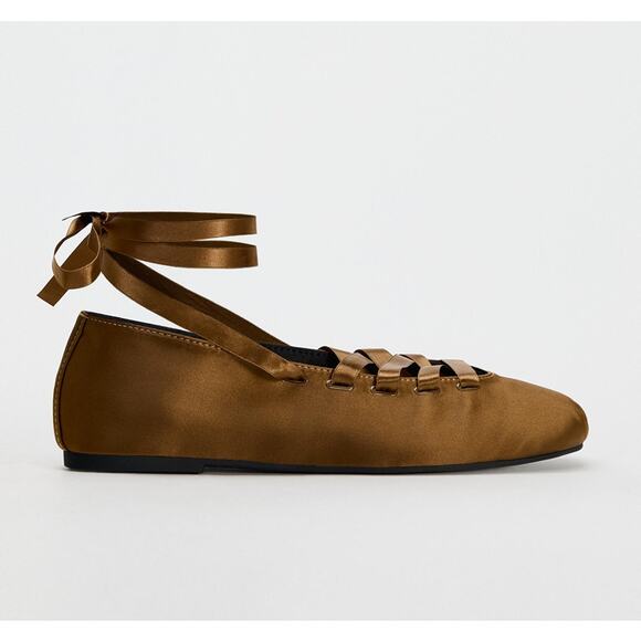 ZARA Lace Up Ballet Flats NWT Ochre Brown Satin Effect Size 7.5 - Picture 13 of 16